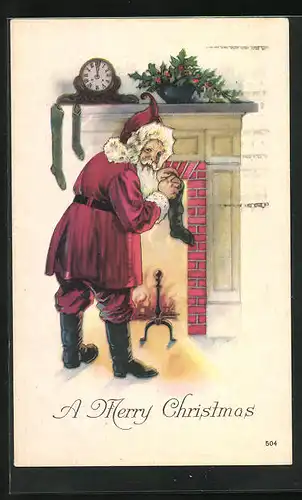 AK Weihnachtsmann mit Strumpf am Kamin, Weihnachtsgruss
