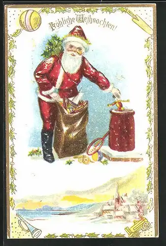 Präge-AK Weihnachtsmann mit Geschenkesack & Winterlandschaft, Weihnachtsgruss