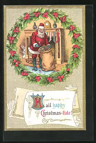 Präge-AK Weihnachtsmann mit Geschenkesack, Weihnachtsgruss