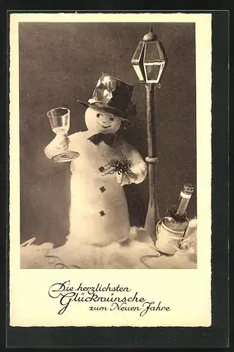 AK Schneemann mit Glas neben Laterne, Neujahrsgruss