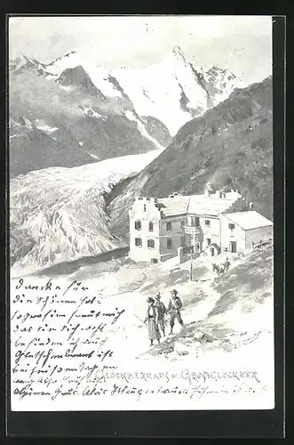Künstler-AK Edward Theodore Compton: Bergsteiger am Glocknerhaus auf dem Grossglockner