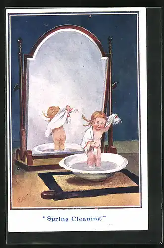Künstler-AK T. Gilson: Spring Cleaning, nacktes Mädchen trocknet sich vor einem Spiegel ab