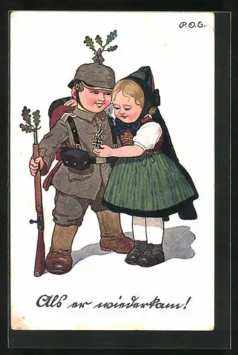 Künstler-AK P. O. Engelhard (P.O.E.): als er wiederkam, Soldat in Uniform mit Eisernem Kreuz begrüsst seine Frau