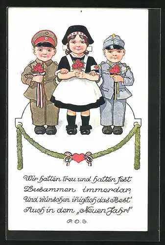 Künstler-AK P. O. Engelhard (P.O.E.): Soldaten in Uniform und Rot Kreuz Schwester halten Blumen in der Hand