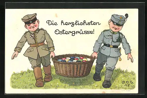 Künstler-AK P. O. Engelhard (P.O.E.): die herzlichsten Ostergrüsse, Soldaten tragen Ostereierkorb