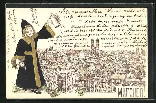 Lithographie München, Münchner Kindl mit Krug und Radi, Blick zur Stadt