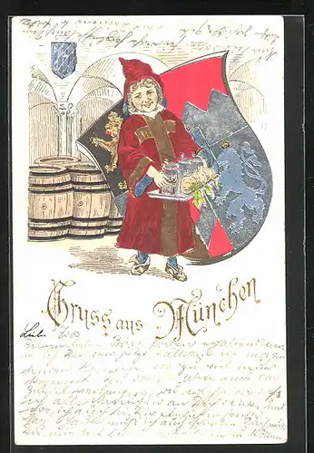 Präge-Lithographie München, Münchner Kindl hält tablett mit Bierkrügen und Radi, Wappen