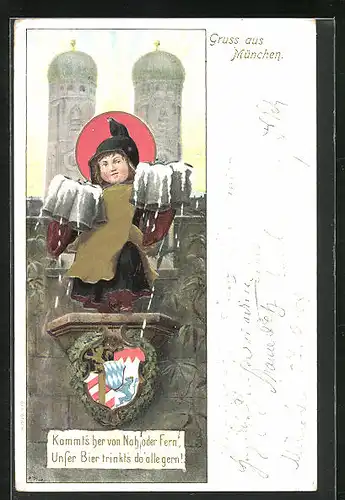 Präge-Lithographie München, Frauenkirche mit Münchner Kindl, Wappen