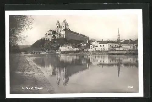 AK Melk /Donau, Flusspartie mit Kirche