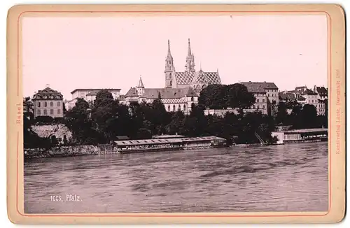 Fotografie Lautz, Darmstadt, Ansicht Basel, Waschanstalt am Flussufer, Kathedrale im Hintergrund