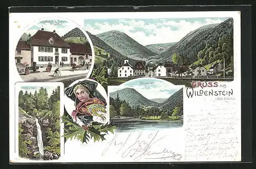 Lithographie Wildenstein, Gasthaus zur Sonne, Stauweier, Wasserfall