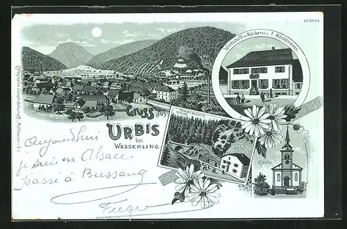 Mondschein-Lithographie Urbis, Gasthaus und Bäckerei v. A. Meistermann, Totalansicht