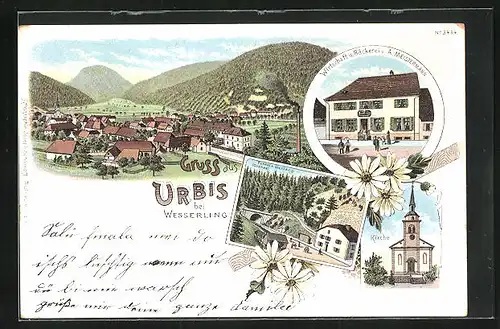 Lithographie Urbis, Gasthaus und Bäckerei v. A. Meistermann, Kirche, Totalansicht