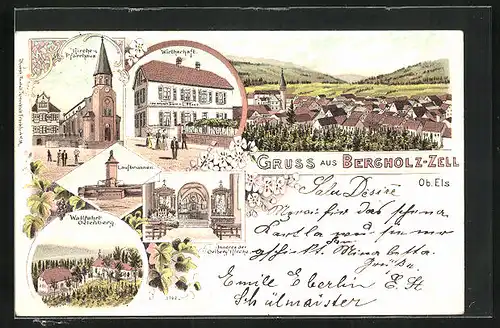 Lithographie Bergholz-Zell, Gasthaus zum grünen Baum, Wallfahrt Oelenberg, Kirche und Pfarrhaus, Laufbrunnen