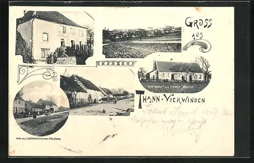 Lithographie Thann-Vierwinden, Gasthaus zur schönen Aussicht, Bürgermeisteramt, Totalansicht, Hauptstrasse
