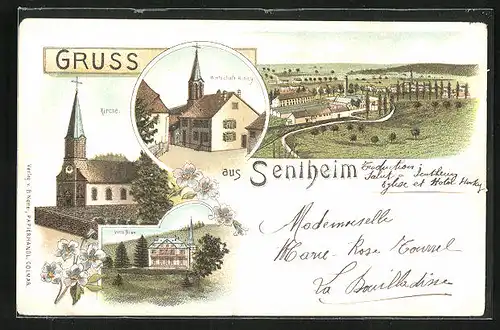 Lithographie Sentheim, Hotel Villa Bian, Gasthaus Hinky, Teilansicht