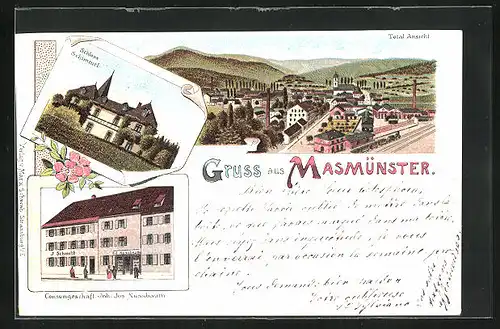Lithographie Masmünster, Schloss Schimmel, Totalansicht