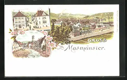 Lithographie Masmünster, Hotel zum goldenen Adler, Post, Teilansicht