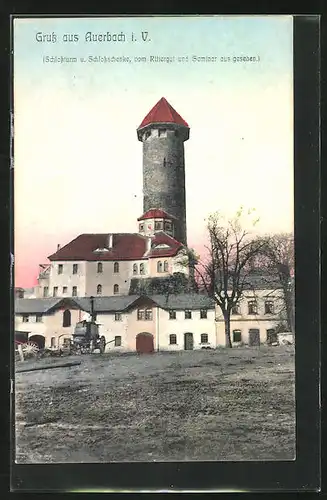 AK Auerbach i. V., Gasthof Schlossschenke und Schlossturm vom Rittergut gesehen