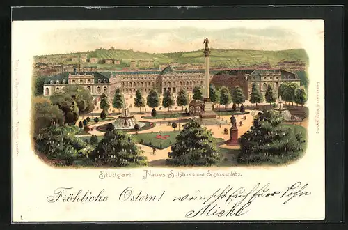 Lithographie Stuttgart, Neues Schloss und Schlossplatz