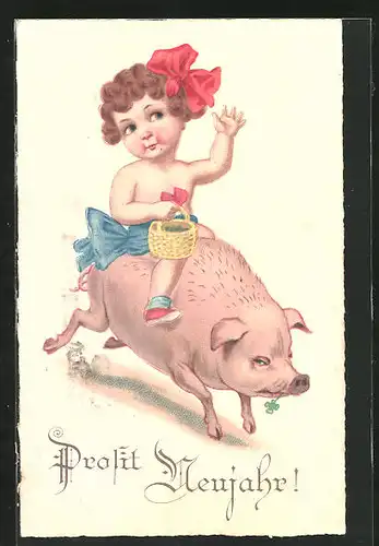 AK Mädchen reitet auf Schwein