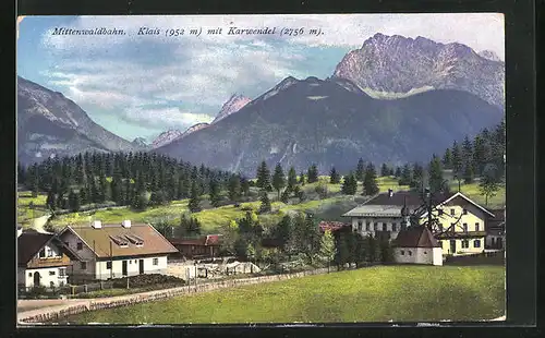 AK Klais, Ortspartie mit Karwendel, Mittenwaldbahn