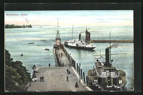 AK Konstanz, Hafen mit Dampfern