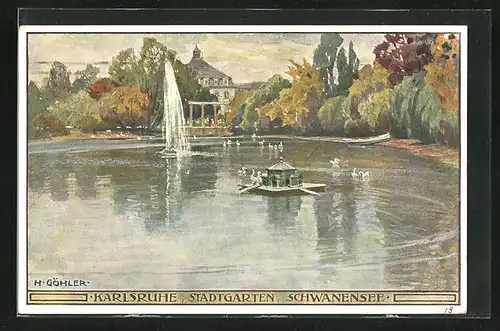 Künstler-AK sign. H. Göhler: Karlsruhe, Stadtgarten mit Schwanensee