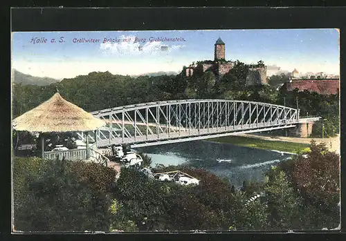 AK Halle /S., Cröllwitzer Brücke mit Burg Giebichenstein
