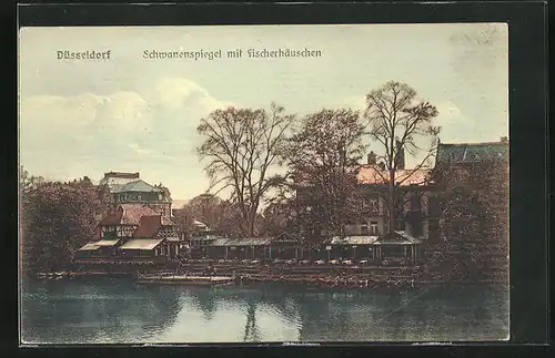 AK Düsseldorf, Schwanenspiegel mit Fischerhäuschen