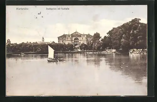 AK Karlsruhe, Stadtgarten mit Festhalle