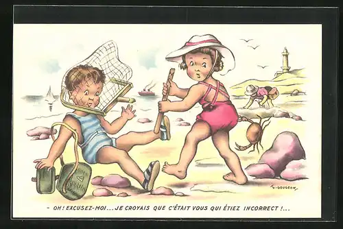 Künstler-AK sign. L. Gougeon: Kinder am Strand