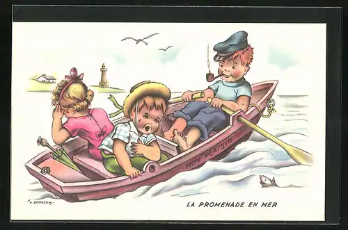 Künstler-AK sign. L. Gougeon: Kinder bei schaukeliger Ruderbootsfahrt