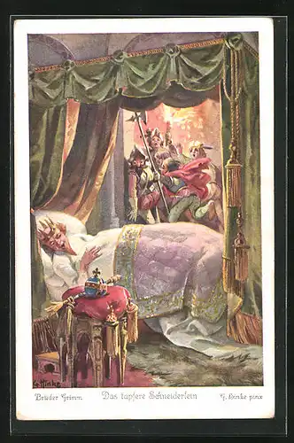 Künstler-AK sign. G. Hinke: Märchen Brüder Grimm, Das tapfere Schneiderlein, König im Bett