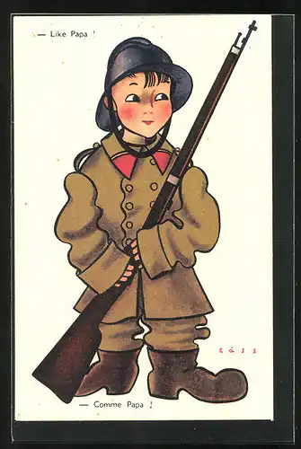 Künstler-AK sign. Cass: Kleiner Junge in französischer Soldatenuniform seines Vaters