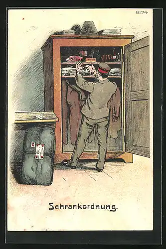 Künstler-AK Bruno Bürger & Ottillie Nr. 8174: Schrankordnung eines peniblen Soldaten