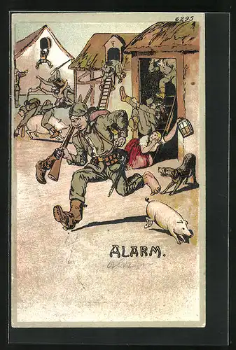 Künstler-AK Bruno Bürger & Ottillie Nr. 6295: Soldaten in Uniform springen aus ihren Betten bei Alarm