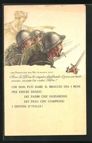 Künstler-AK sign. Aldo Mazza: Kriegsanleihe, Soldaten mit Bajonett, Heilige gibt Weisungen