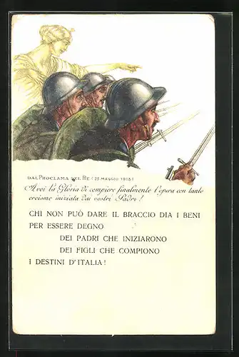 Künstler-AK sign. Aldo Mazza: Kriegsanleihe, Italienische Soldaten mit Bajonett folgen Weisung der Italia