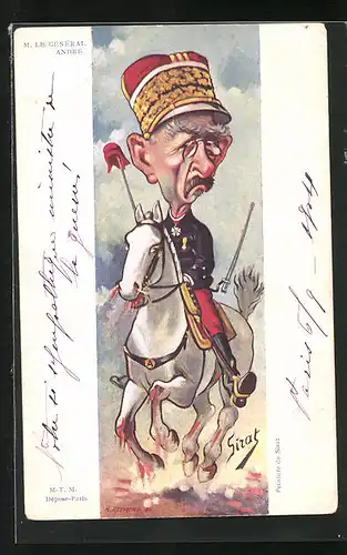 Künstler-AK sign. Sirat: Frankreich, Karikatur, M. Le General Andre, Schlachtfeld