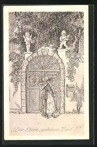 Künstler-AK sign. Stanke: Liebespaar beim Kuss, Amor mit Liebespfeil