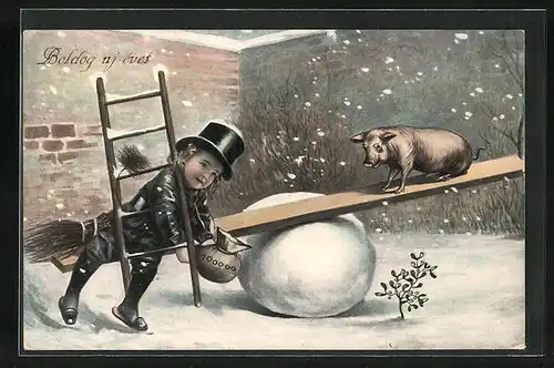 AK Schornsteinfeger balanciert mit Schwein auf Schneekugel