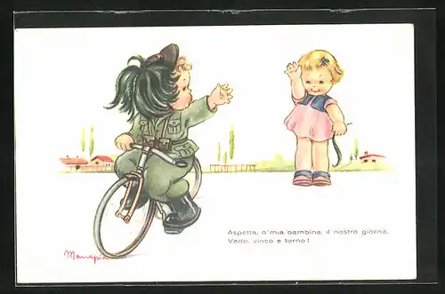 Künstler-AK sign. Maria Pia: Kleine Kinder, italienischer Soldat in Uniform winkt seiner Freundin