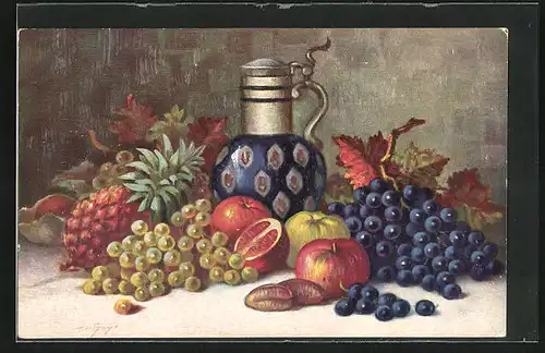Künstler-AK Degi Nr. 1231, Stillleben mit Früchten, Ölgemälde-Imitations-AK