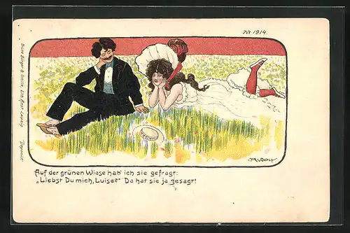 Künstler-AK Bruno Bürger & Ottillie Nr. 1914: Liebesgeständnis auf der Wiese