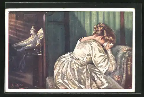 Künstler-AK Fritzi Ulreich: Frau von Chopin weint sich die Augen aus während er Klavier spielt