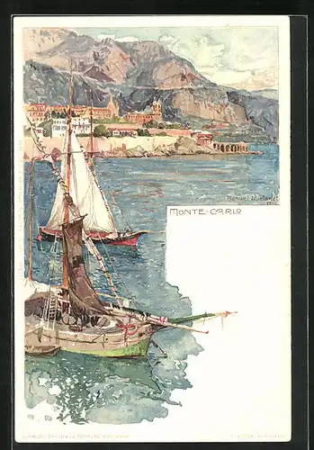 Künstler-AK Manuel Wielandt: Monte-Carlo, Segelschiffe vor der Stadt