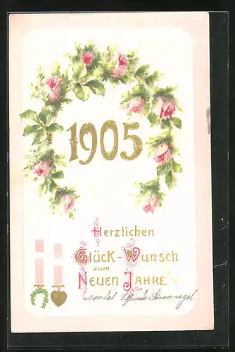 Präge-Künstler-AK Blumenkranz zum Neujahr 1905