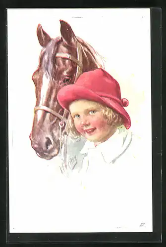 Künstler-AK Karl Feiertag: Blondes Mädchen mit rotem Hut und ihrem treuen Pferd