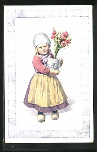 Künstler-AK Karl Feiertag: Kleines Mädchen in Tracht mit Blumentopf